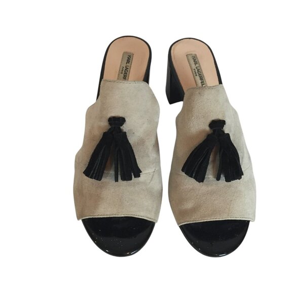 Karl Lagerfeld Paris Hettie Tan Suede Heel Mules Womens 8 Tassel - Picture 2 of 14
